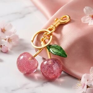 Cherry Keychain Bag Charm Pink Glitter Resin Gold Tone Coquette Barbiecore Gift